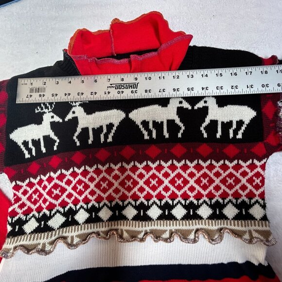 VonksArt Womens Reindeer Fair Isle Sweater Pullover Red Knit Holiday OOAK Artsy - Picture 4 of 8